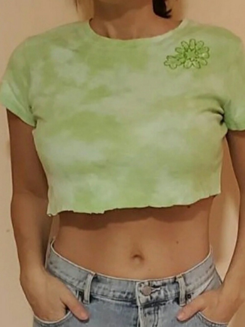 Izod Light Green Tie-Dye Crop Top with Floral Patch